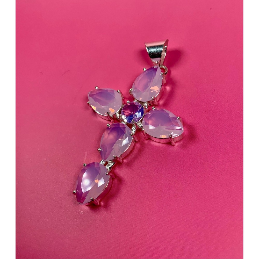 🌸💗 925 Sterling Pink Opal Cross Statement Pendant 💗🌸